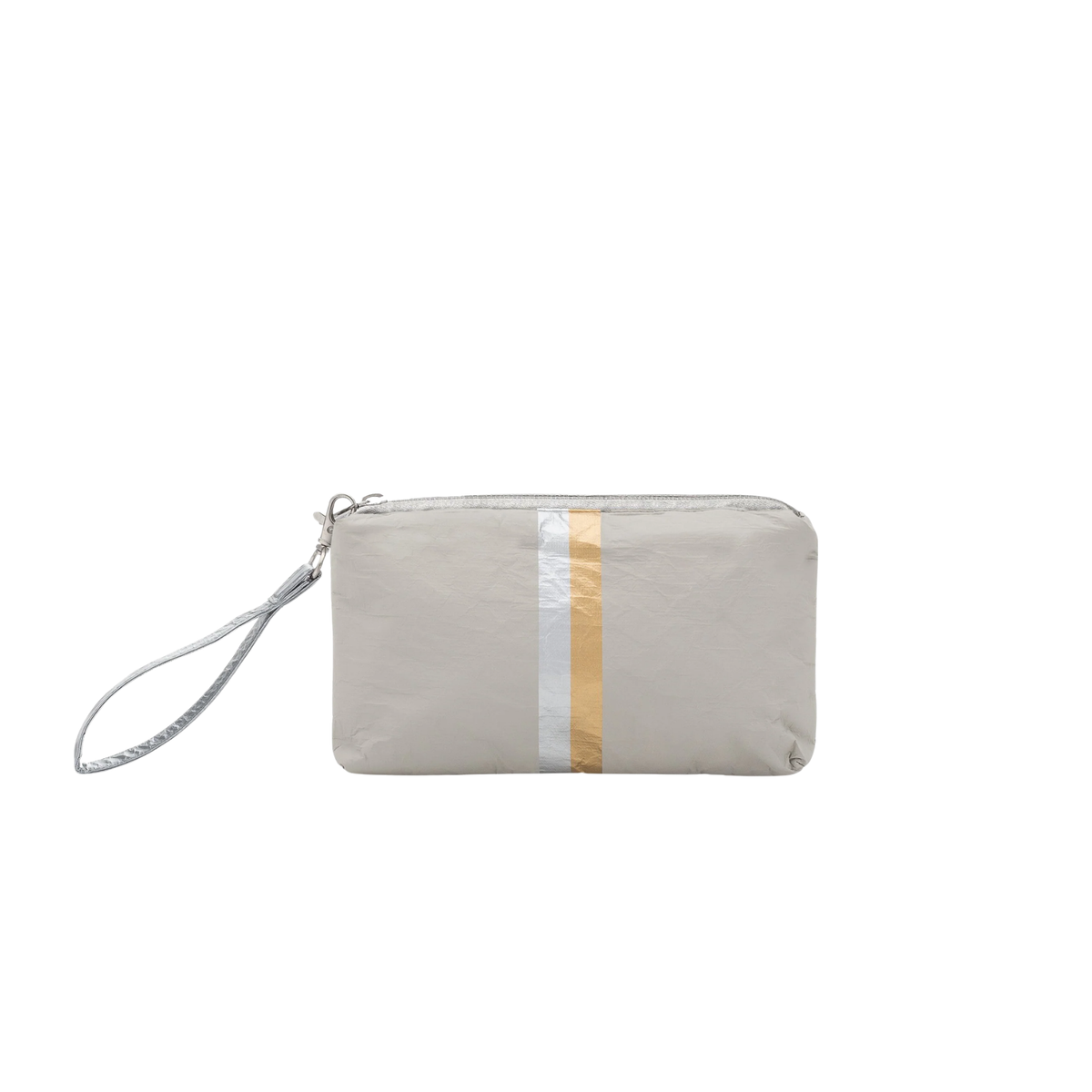 Hi Love Zip Wristlet in Earth Gray with Silver & Gold Stripes