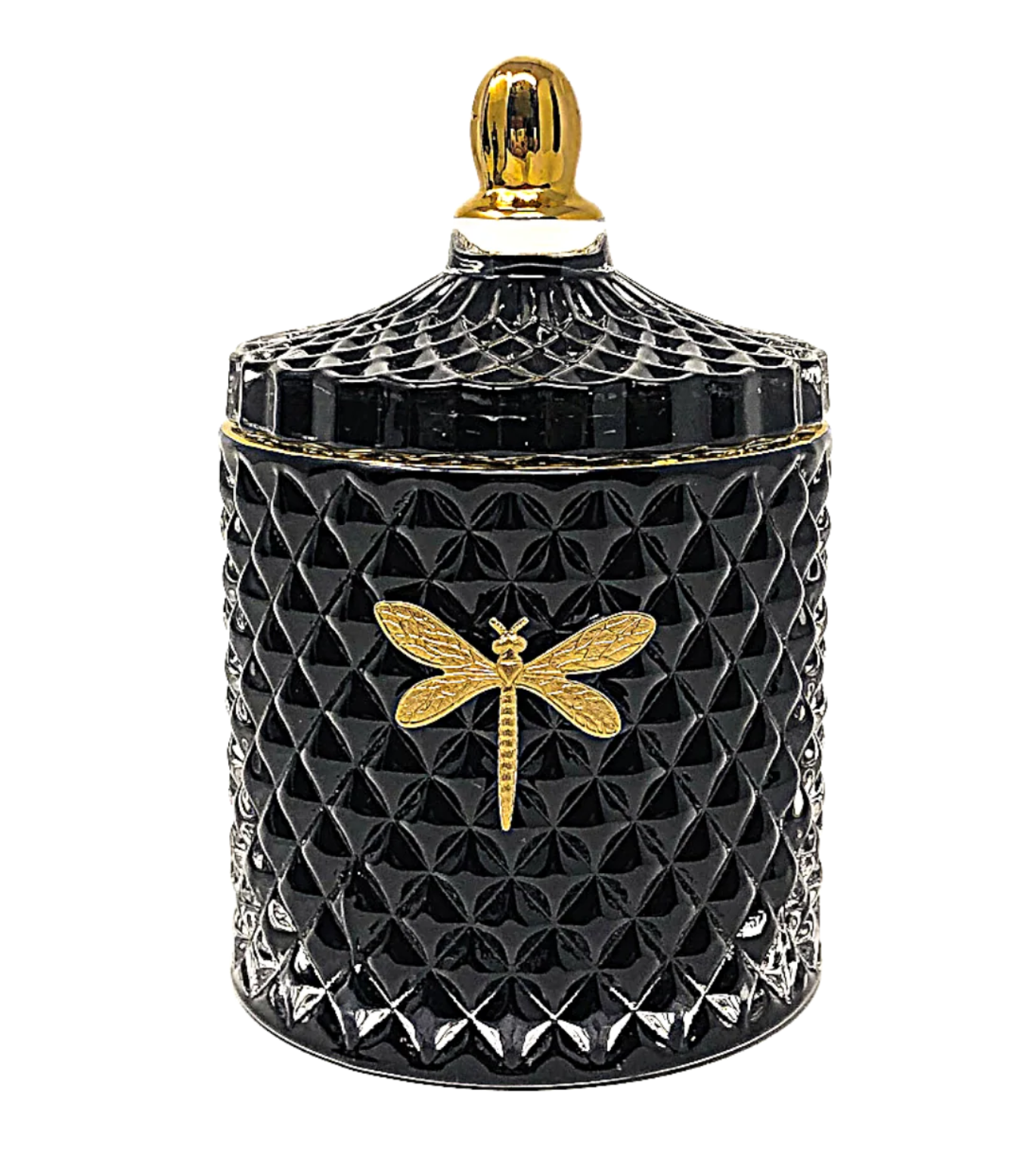 Black textured candle jar with gold dragonfly design and lid on a white background