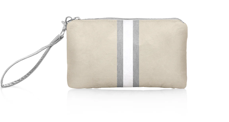 Hi. Love Zip Wristlet Golden Shimmer Beige with White & Silver Stripes