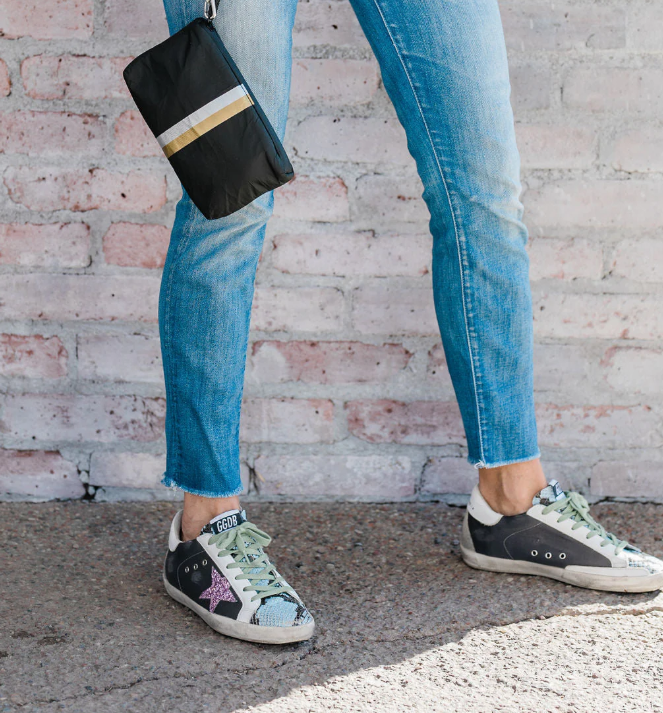 Hi Love Black Wristlet with Silver and Gold Stripes