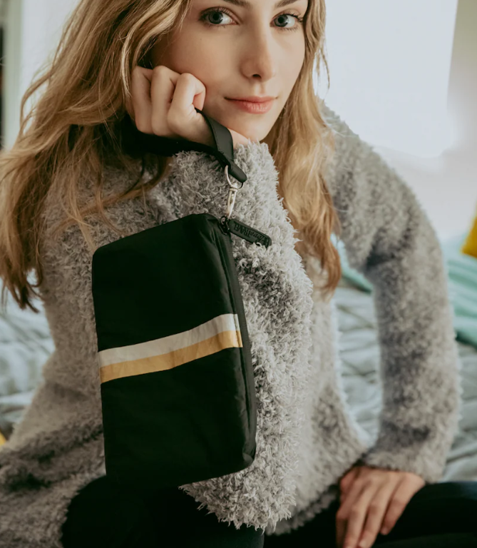Hi Love Black Wristlet with Silver and Gold Stripes