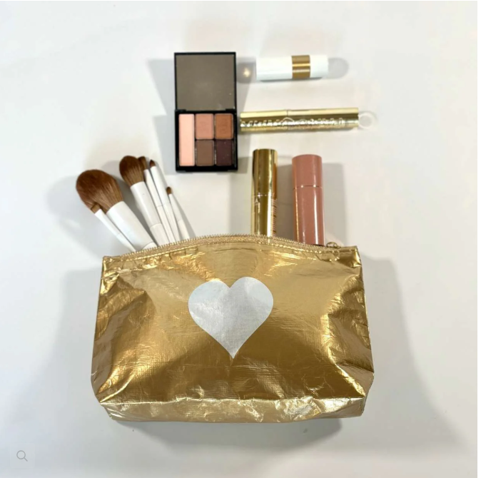 Hi Love Cosmetic Zipper Pouch Gold with Silver Heart