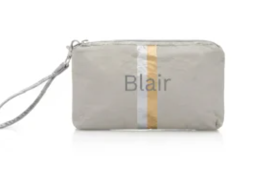 Hi Love Zip Wristlet in Earth Gray with Silver & Gold Stripes