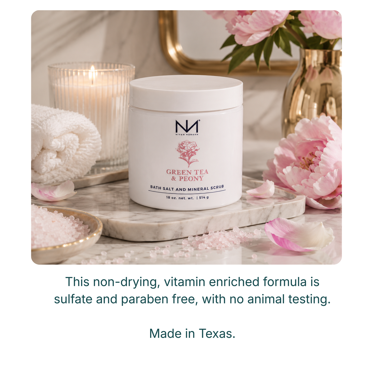 NIVEN MORGAN_green tea & peony bath salt and mineral scrub