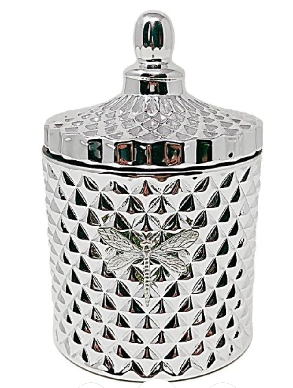 Decorative silver container with geometric pattern and bee emblem on a white background
