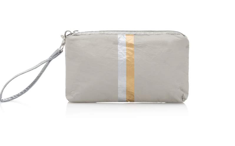 Hi Love Zip Wristlet in Earth Gray with Silver & Gold Stripes