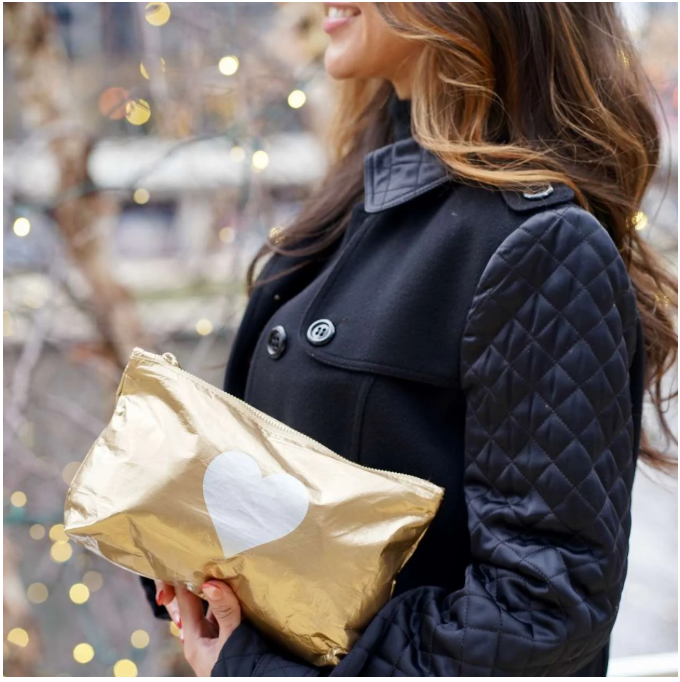 Hi Love Cosmetic Zipper Pouch Gold with Silver Heart